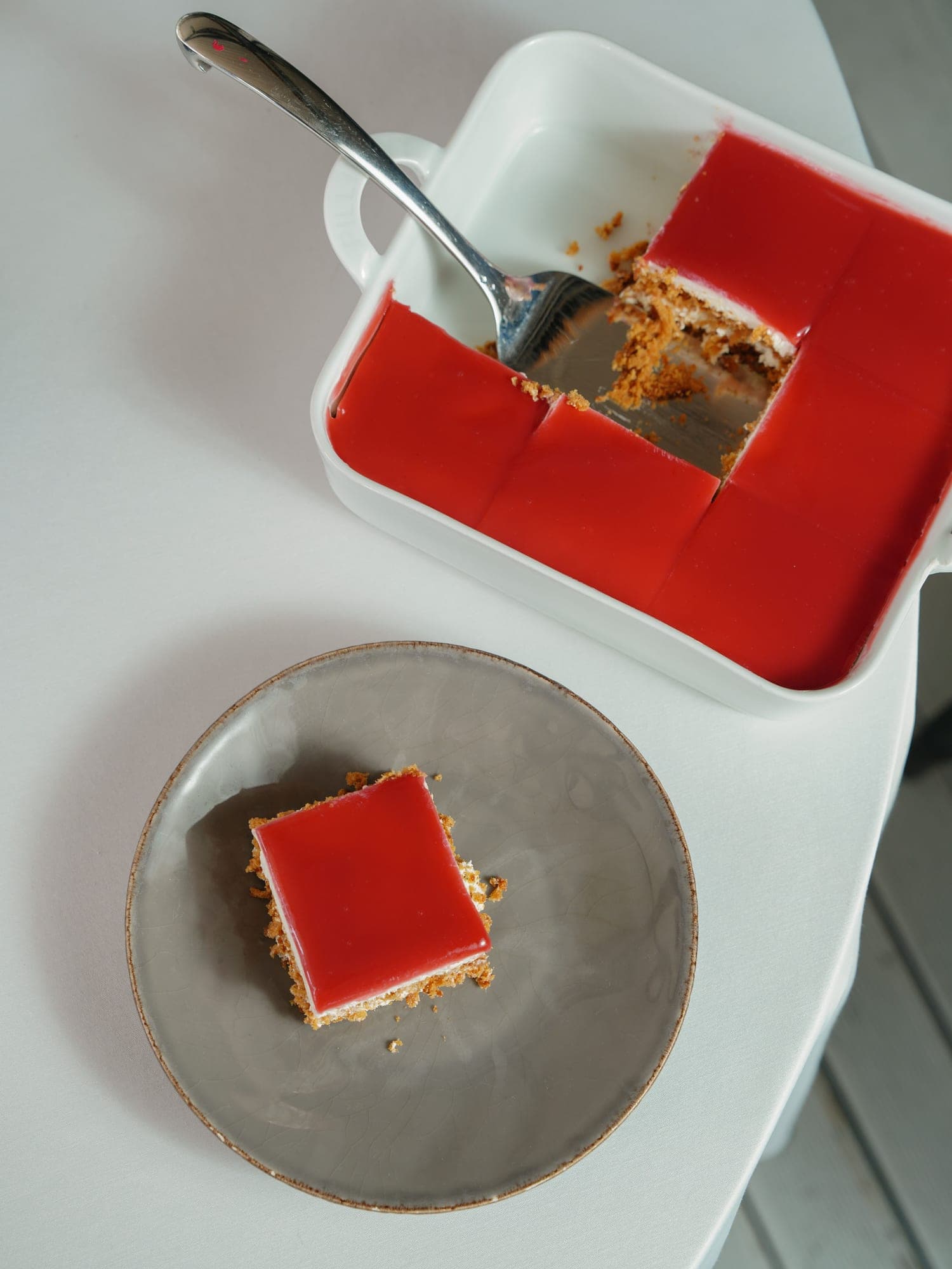 Set gelatin dessert cut into portions and served on a plate